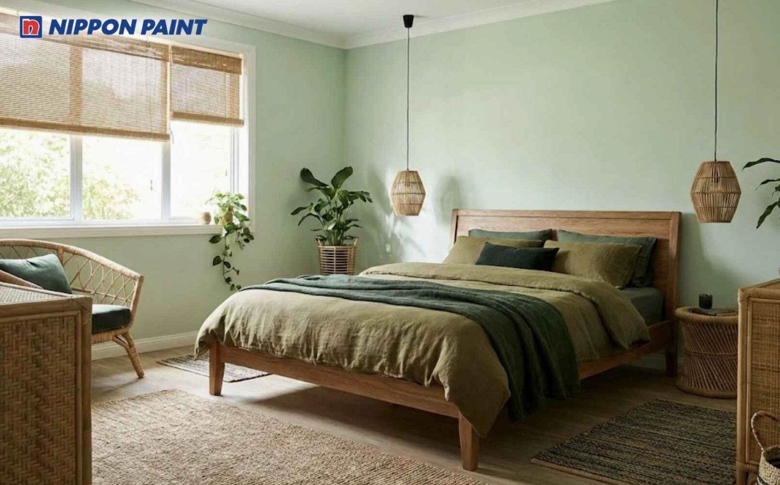 Phòng ngủ sơn xanh lá nhạt giúp mệnh Mộc cân bằng cảm xúc, mang lại giấc ngủ sâu hơn