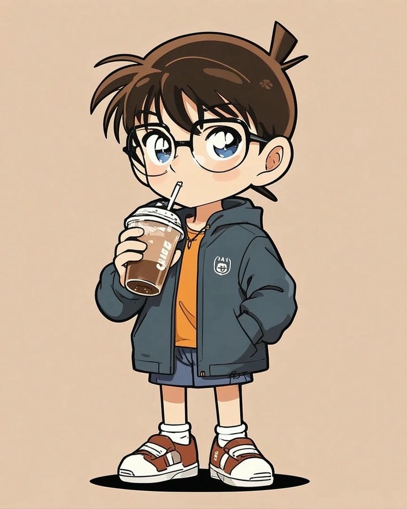 Ảnh Conan chibi đang cầm cốc trà sữa uống ngon lành dễ thương