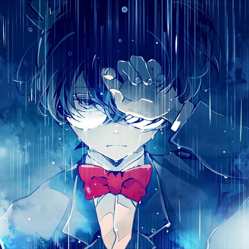 Fanart Conan cúi đầu trầm tư qua tấm kính đẫm nước mưa buồn