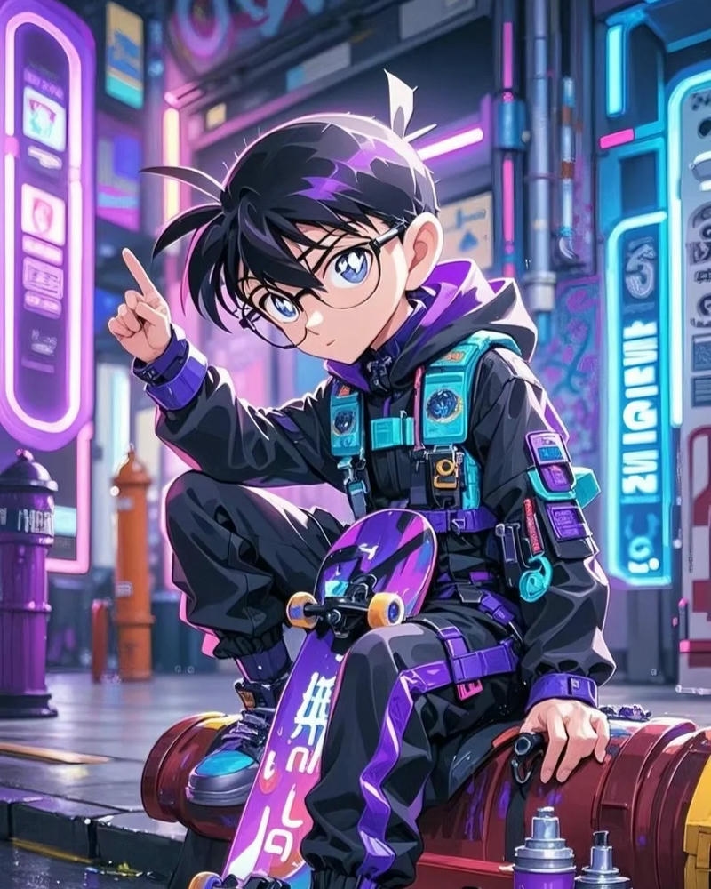 Hình nền Conan ngồi trên nóc nhà thành phố đèn neon cyberpunk ngầu