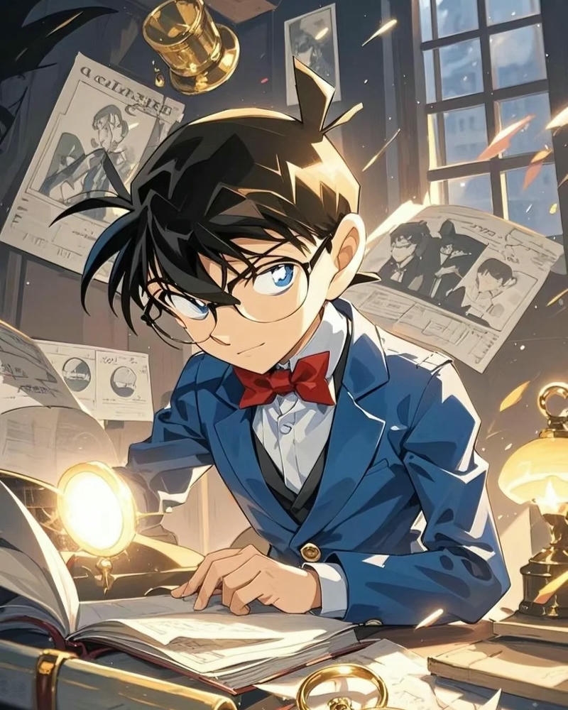 Thám tử Conan ngồi bàn làm việc nghiên cứu hồ sơ vụ án khó