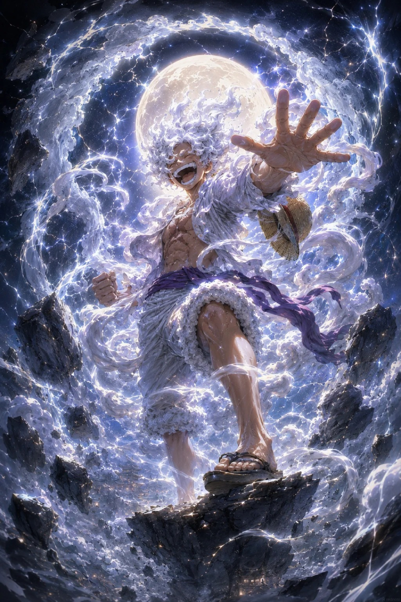 hình ảnh Luffy Gear 5 màu trắng nổi bật